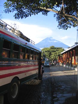 Camioneta (chicken bus) and Volcan Agua, La Antigua Guatemala