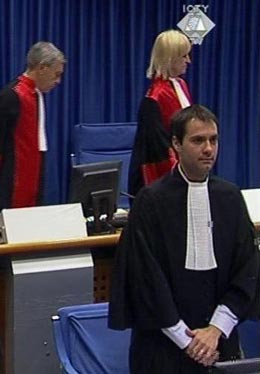 IHRP Intern Benjamin Perrin (right) at the ICTY during a war crimes trial in The Hague