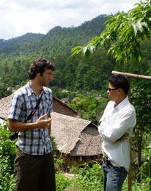 Ben Kates with BLC aid worker and refugee, at the Mae Lai refugee camp