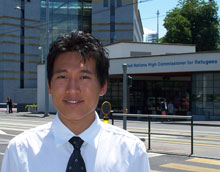 Sam Siew in front of the UNHCR headquarters