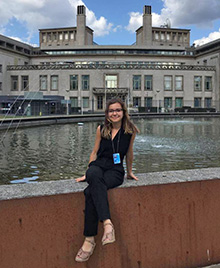 Teodora Pasca in front of the International Residual Mechanism for Criminal Tribunals. Credit: Rebecca Dickey.