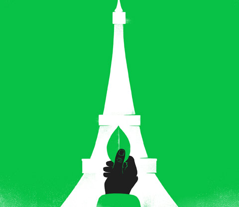 Illustration of Paris' Eiffel Tower on green background with hand holding a green leaf inside tower