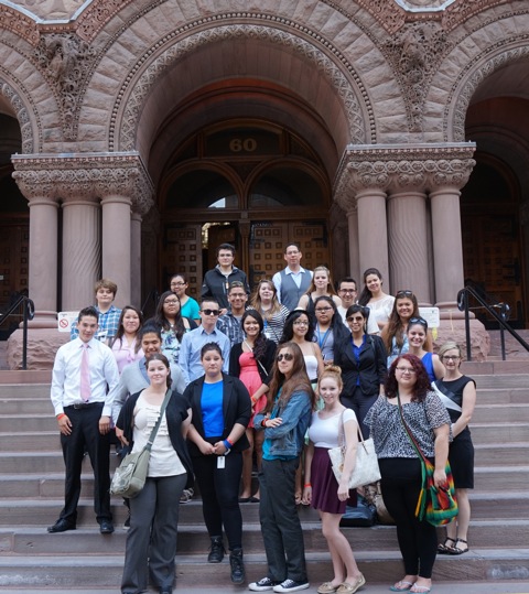 Group shot of 2014 Aboriginal Youth Summer Program participants outside the courthouse