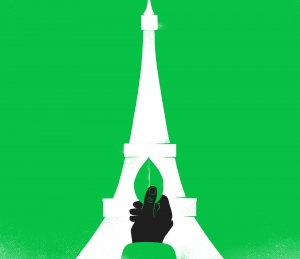 Image of Eiffel Tower with a hand holding a green leaf inside the space