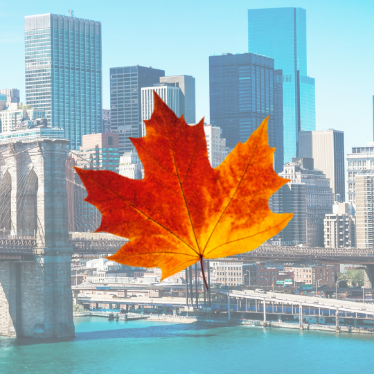 Maple leaf imposed over New York City's skyline