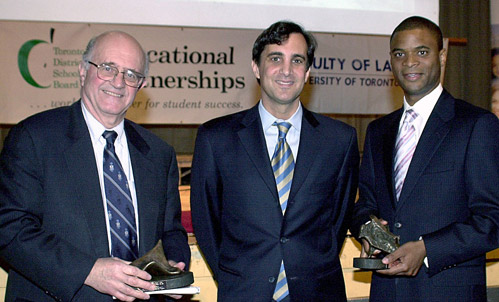 Prof. Frank Iacobucci, Dean Ron Daniels and alumnus Cornell Wright at the launch of the LAWS program at Central Tech