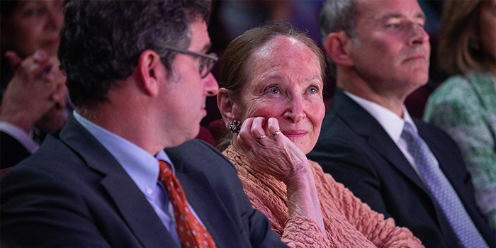 Retired Supreme Court Justice Rosalie Abella, who holds two U of T degrees and is a distinguished visiting jurist at the Faculty of Law, sits in the audience during a recent event celebrating her career (photo by Nick Iwanyshyn)