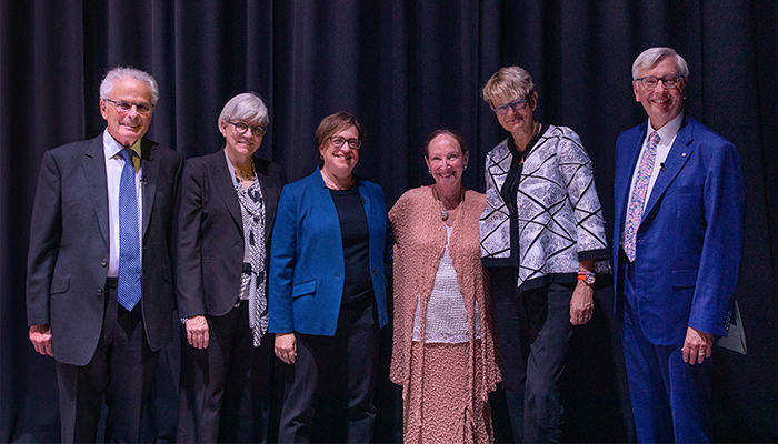 From left: Lord John Anthony Dyson, Jutta Brunnée, Elena Kagan, Rosalie Abella, Susanne Baer and Stephen Toope (photo by Nick Iwanyshyn)