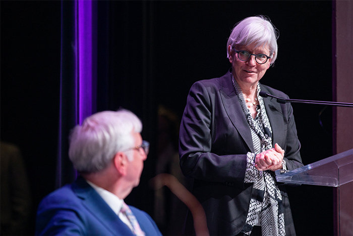 Jutta Brunnée, dean of the U of T Faculty of Law, shares the stage with Stephen Toope, vice-chancellor of the University of Cambridge and a former director of U of T’s Munk School of Global Affairs &amp; Public Policy (photo by Nick Iwanyshyn)
