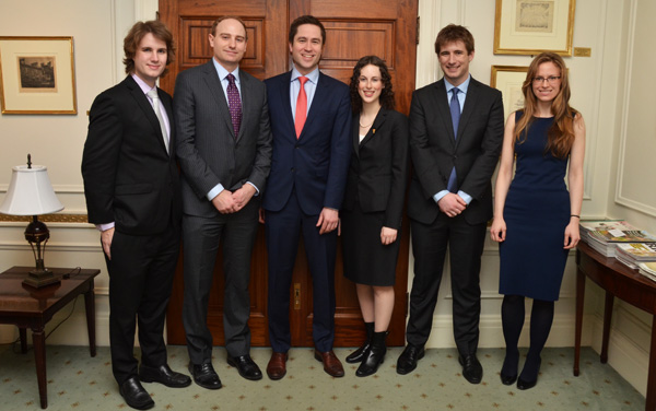 Fox Moot team: Sean Husband (student coach), Brandon Heard, Matt Cahill Rachel Charney, Brett Hughes (the four mooters) and Monical Grembowicz (student coach)