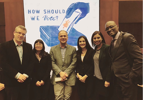 Left to right: Craig Scott, Osgoode Hall Law School &amp; former MP (NDP) Toronto-Danforth; Avvy Go, Director, Metro Toronto Chinese and Southeast Asian Legal Clinic; Markus D. Dubber, Director, Centre for Ethics; Yasmin Dawood, Canada Research Chair in Democracy, Constitutionalism, and Electoral Law, University of Toronto, Faculty of  Law; Ruby Sahota, MP (L) Brampton-North; Royson James, Toronto Star. Photo: Muhammad Ali.