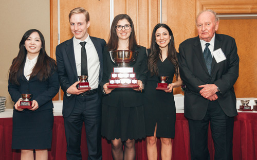 U of T Bowman Moot team: Mina Batyreva, Jesse Waslowski, Elizabeth White, Patricia Lahoud, with the Honourable Donald Bowman