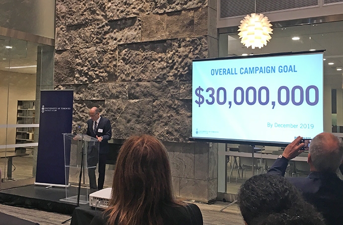 Dean Iacobucci announcing the Campaign goal of $30 million