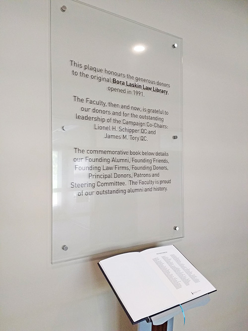 Bora Laskin Law Library commemorative plaque and book