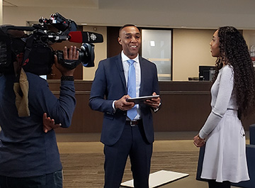 CBC Toronto host Dwight Drummond with U of T Law alumna Marie Kiluu-Ngila