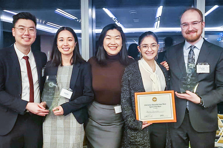 U of T law students Daniel Yang, Elizabeth Chan, Angela Hou (student coach), Kristen Kephalas, and Liam Thompson (photo courtesy Faculty of Law)