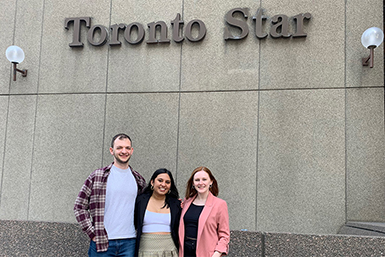 U of T students Dan Schechner, Sabrina Macklai and Jane Fallis Cooper pictured on the last day of their eight-month externship in media law at the Toronto Star.