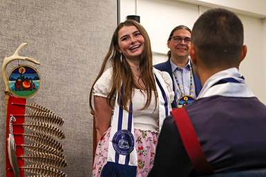 Corbiere participates in the Indigenous Graduation celebration at First Nations House (photo by Nicole In)