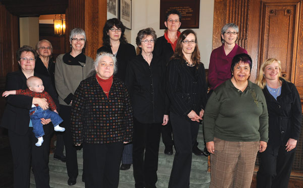 (L-R): Kate Stephenson (holding her child, Casey), Teressa Nahanee, Diana Majury, Mary Eberts, Margot