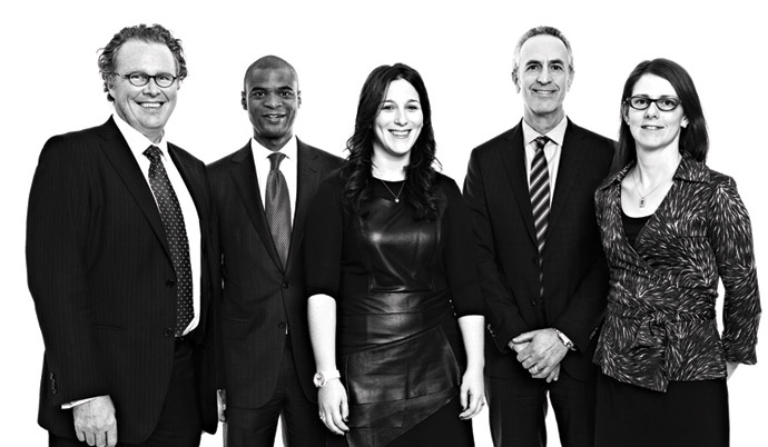 From left: John Cameron, LLB 1991, Cornell Wright, JD/MBA 2000, Miriam Levin, JD 2009, John Laskin, LLB 1976, Karrin Powys-Libbe, LLB 1994