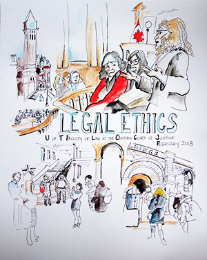 Experiential learning @UTLaw: Prof. Emon’s legal ethics course visited the specialized courts at Old City Hall, and artist Tanya Murdoch captured the day in this sketch.