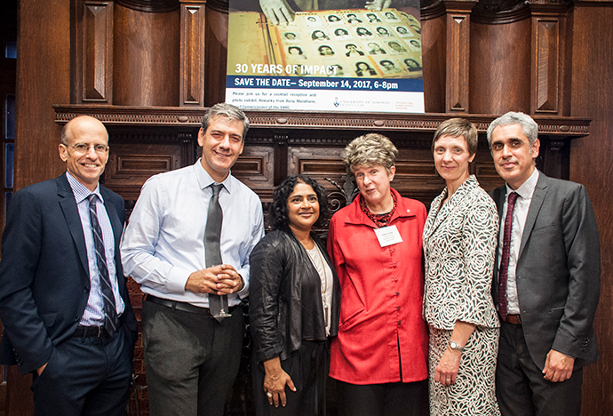 (L) Dean Edward Iacobucci with former IHRP directors Noah Novogrodsky (University of Wyoming College of Law and director, Center for International Human Rights Law & Advocacy) and Renu Mandhane (Ontario Human Rights Commission chief commissioner), IHRP founder Professor Rebecca Cook, former IHRP director Valerie Oosterveld (associate dean of research and graduate studies, Western Faculty of Law) and current IHRP director Samer Muscati