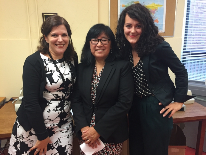 Lisa Cirillo, clinic executive director, with Vicki Moretti, Vice President, GTA Region, Legal Aid Ontario and Petra Molnar Diop, 3L student