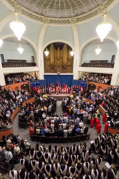 wide shot of Convocation Hall audience