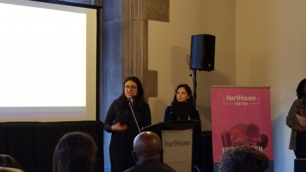 Law students Mehak Kawatra (2L) and India Annamanthadoo (2L) took the podium to speak about their experiences as IHRP clinic students