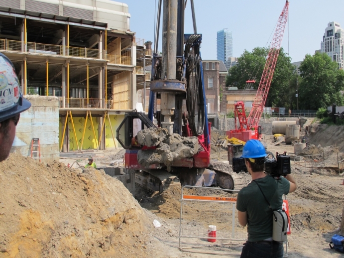 Mud being retrieved by caisson driller from the ground hole