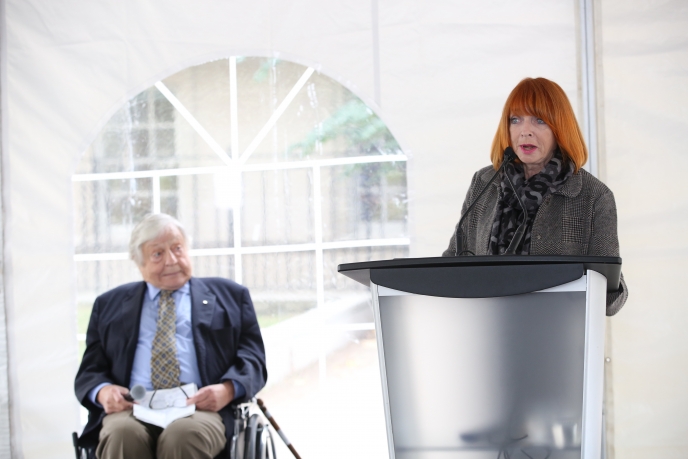 Justice Gloria Epstein, with Hon. Roy McMurtry, left, at the official opening of the completed gardens