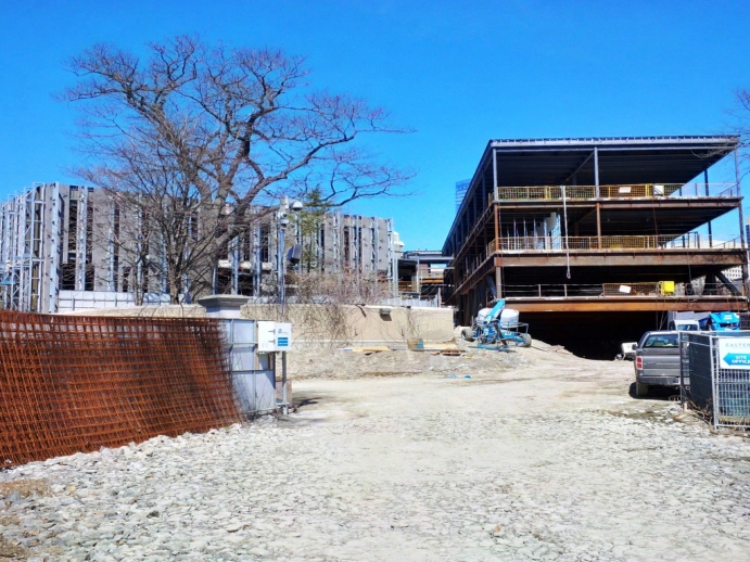 South end of construction site looking north to cantilevered section and law library
