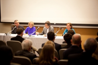 Authors Guy Gavriel Kay, Kate Hilton, Andrew Pyper with moderator Justice Rosalie Abella at the table