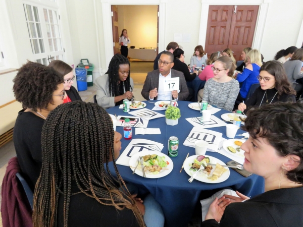Lunch table in the Rowell Room of law students, new admits and alumni as part of Welcome Day 2019