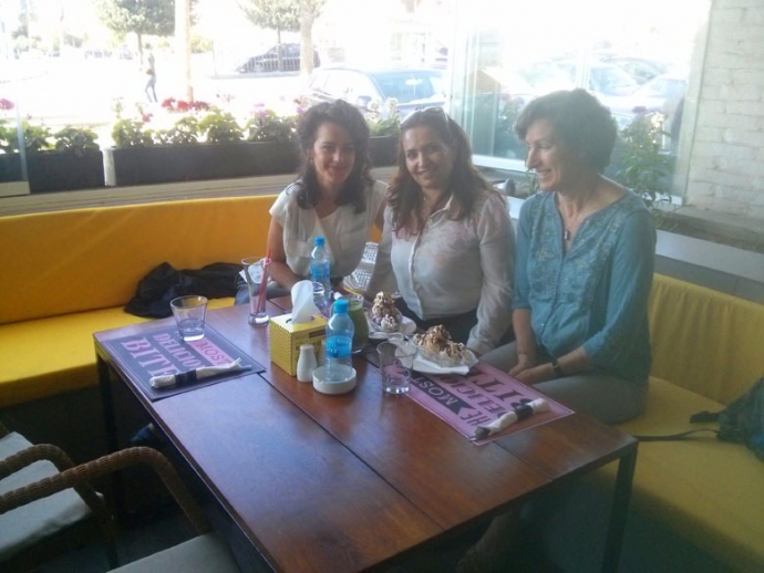 Petra Molnar with journalist Etaf Rouda, and Kristin Marshall in Amman, Jordan