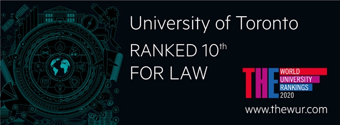 Times Higher Education banner: University of Toronto ranked 10th for Law