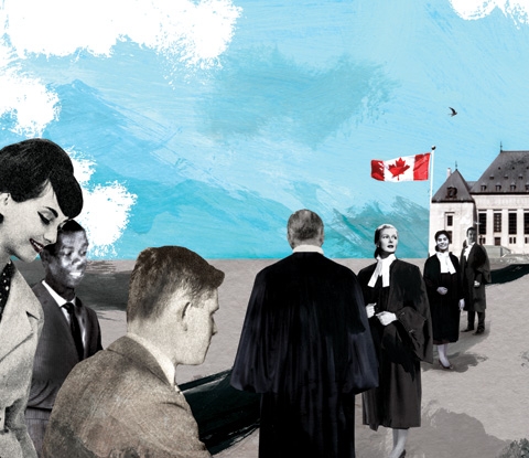 vintage style illustration of lawyers in robes in front of Supreme Court of Canada