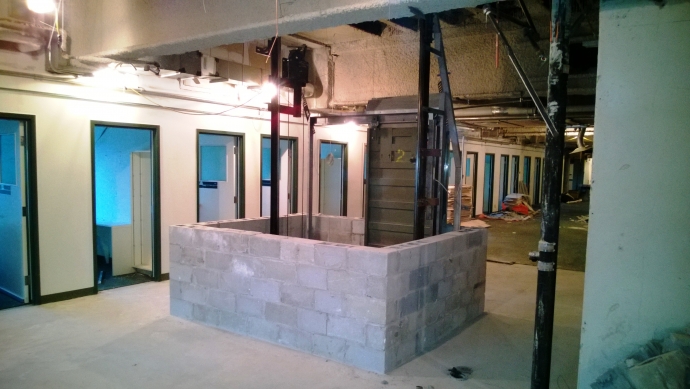 Photo of elevator demolition in the Bora Laskin Library.