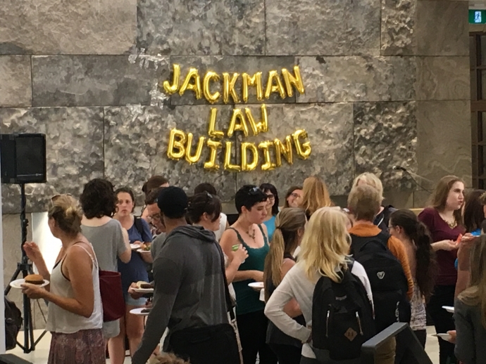 Group of law students in Atrium for welcome back BBQ