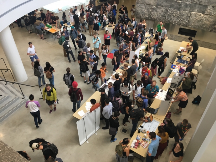 Wide shot from third level of the Clubs Fair, part of back to school programming at the Faculty of Law