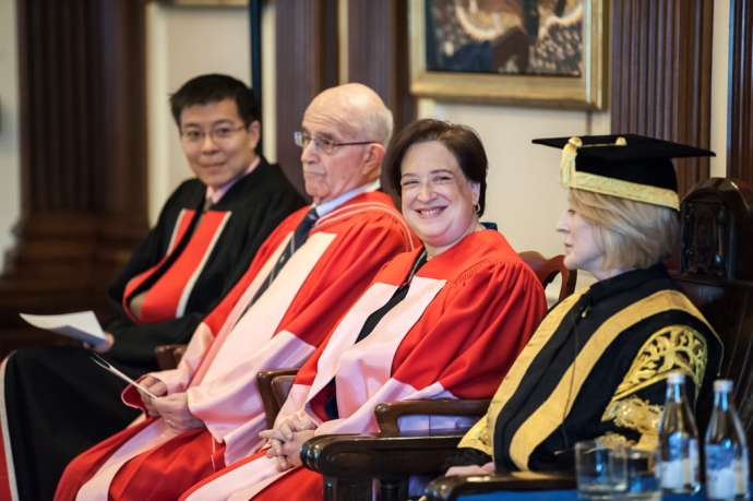 Prof. Albert Yoon, Hon. Frank Iacobucci, Justice Elena Kagan and Chancellor Rose Patten sitting together at Convocation ceremony