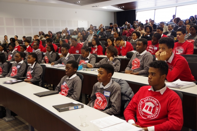 African-Caribbean students in the Moot Court room participating in the Leadership by Design event