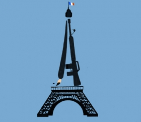 illustration of Eiffel tower, one side a fountain pen the other an automatic machine gun